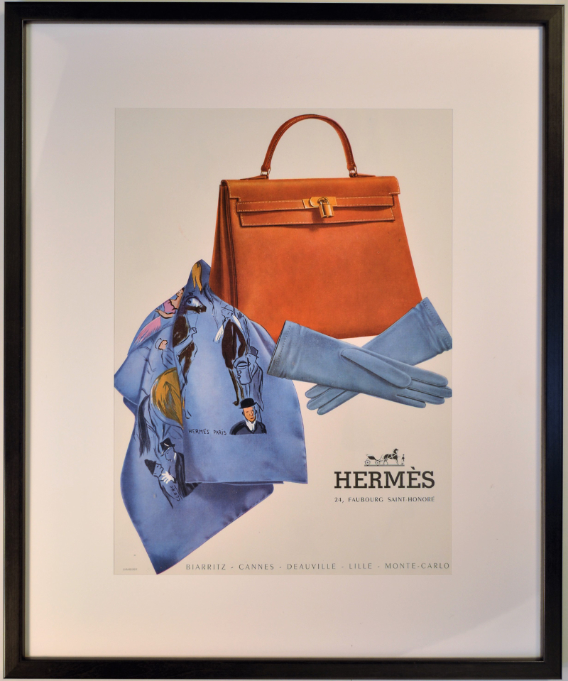 HERMES アートプリント エルメス ヴィンテージ広告（額装）　ケリー アートポスター】Hermes（エルメス）ケリーバッグとプリントスカーフを