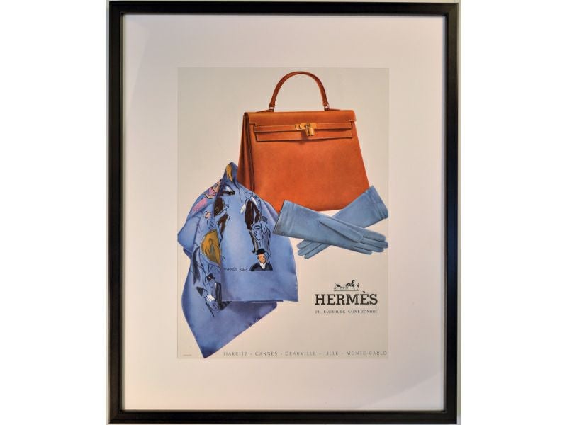 【アートポスター】Hermes（エルメス）ケリーバッグとプリントスカーフを配したノーブルなポスター
