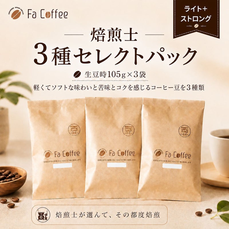 【コーヒー豆】焙煎士3種セレクトパック（ライト＋ストロング） (生豆時105g×3袋)